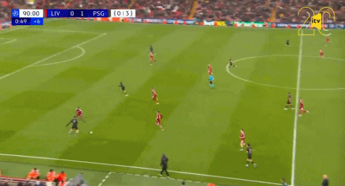 第90+1分钟，巴尔科拉助攻，登贝莱梅开二度锁定胜局，利物浦0-2巴黎